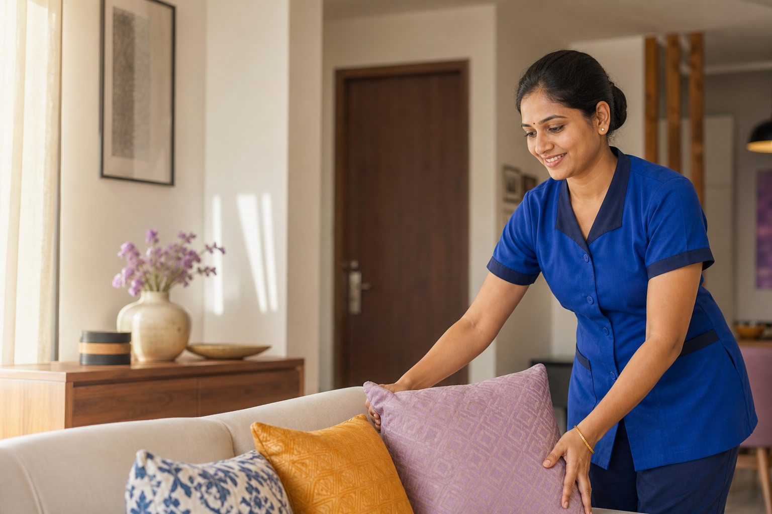 Professional Indian home helper arranging a modern Pune living room