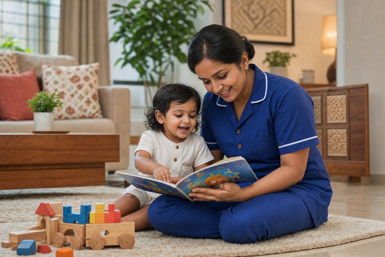 Caring Indian nanny reading a picture book with a happy toddler
