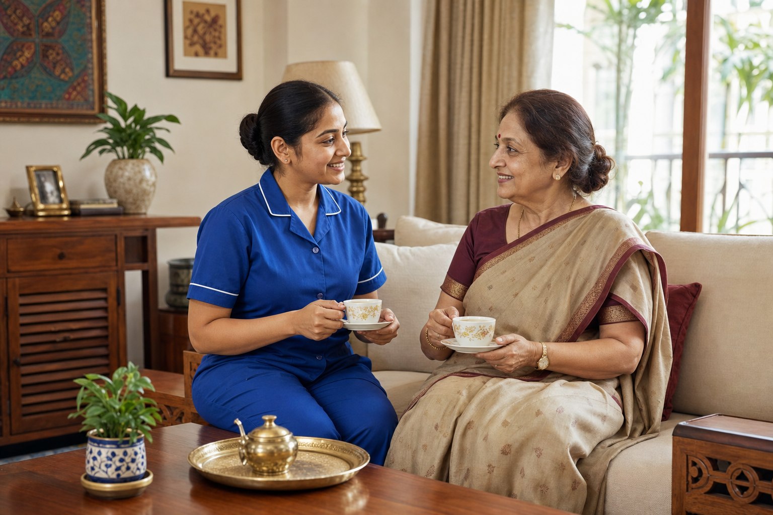 Indian elder-care attendant sharing tea and conversation with a senior woman