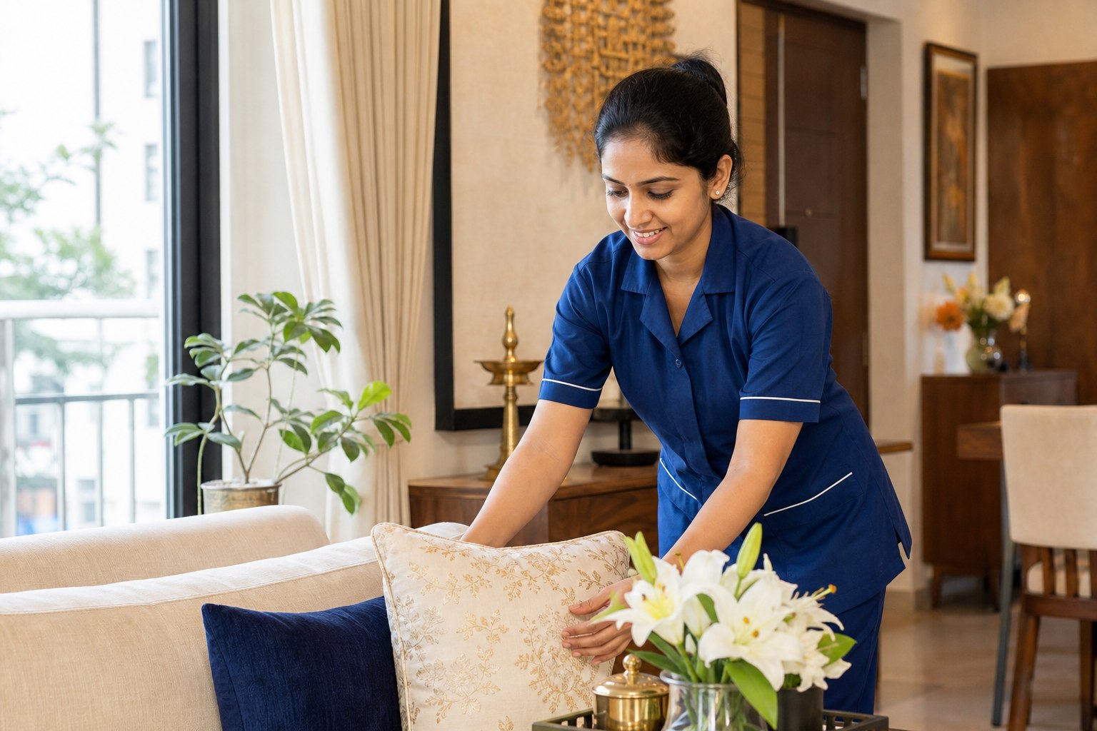 Professional Indian home helper arranging cushions in a beautiful Pune home