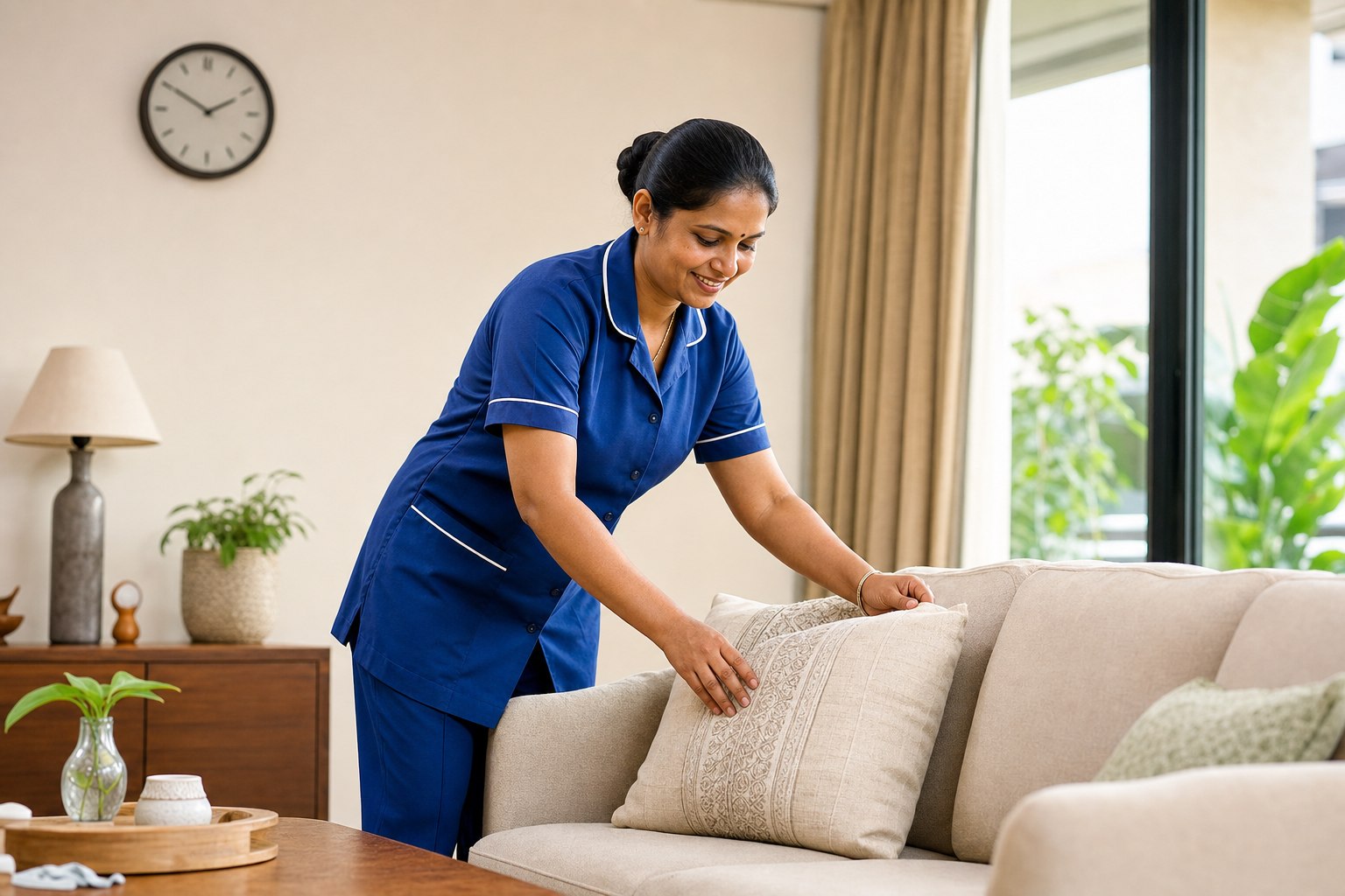 Indian home helper working a flexible household shift in a modern living room